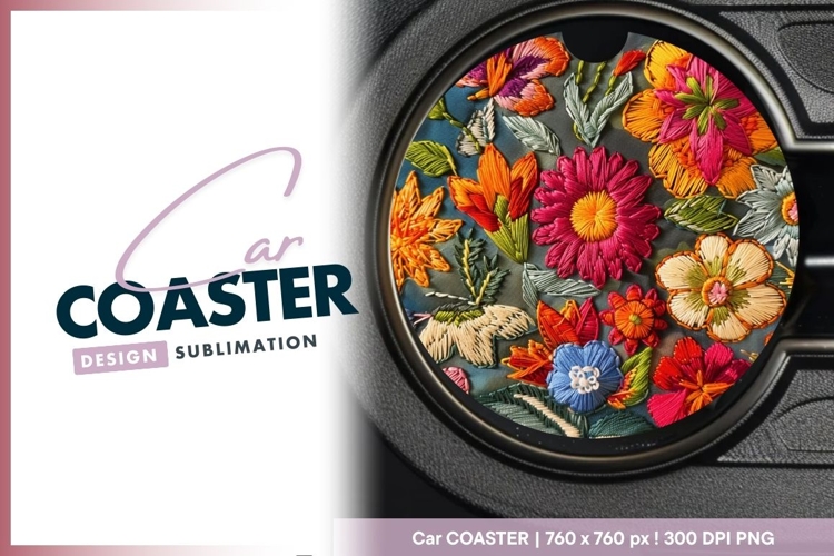 Colorful Embroidered Floral Design Round Car Coaster Png