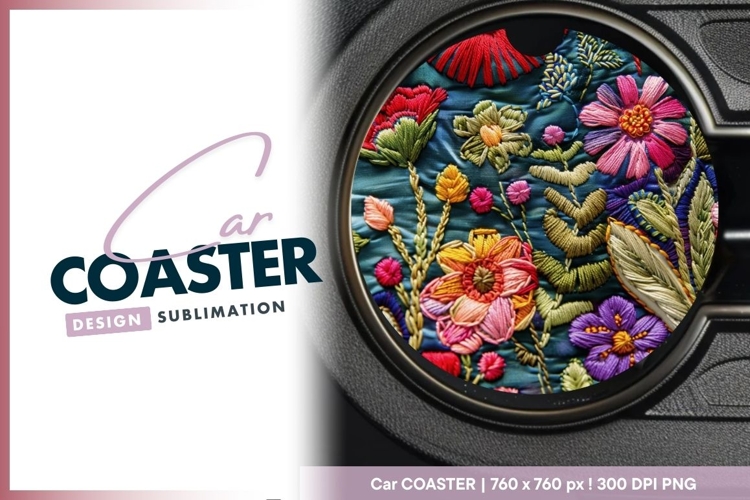 Embroidered Floral Design on Teal Round Car Coaster Png