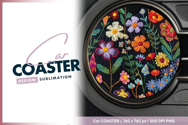 Colorful Embroidered Flowers on Black Round Car Coaster Png
