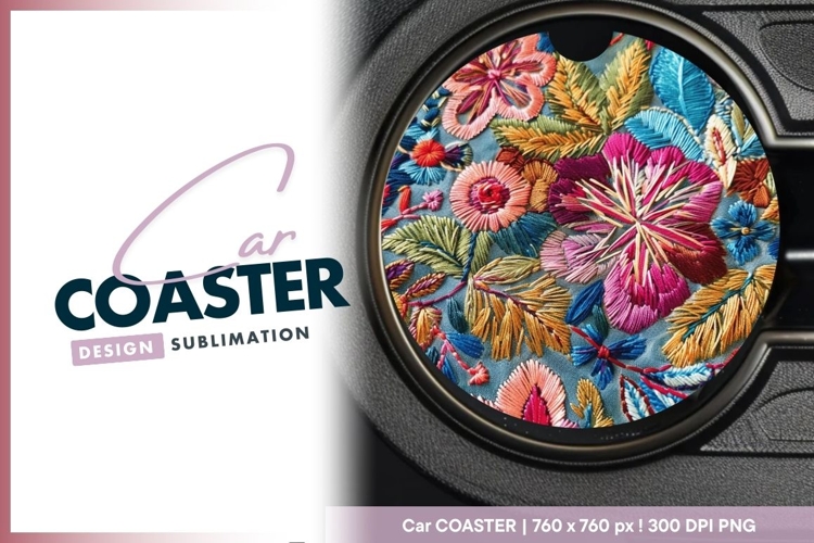Colorful Floral Embroidery Design Round Car Coaster Png