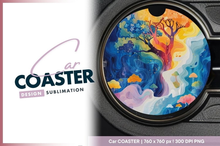 Colorful Abstract Tree Illustration in a Round Car Coaster