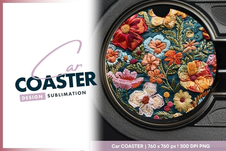 Embroidered Floral Design on Teal Fabric Round Car Coaster