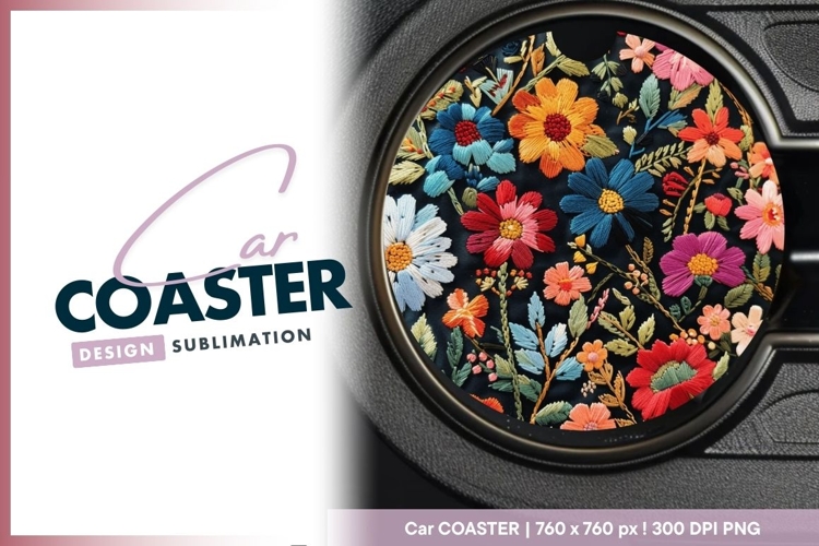 Embroidered Floral Design on Black Fabric Round Car Coaster