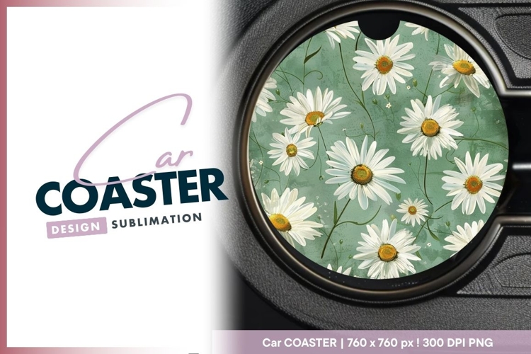White Daisies and Green Round Car Coaster Design