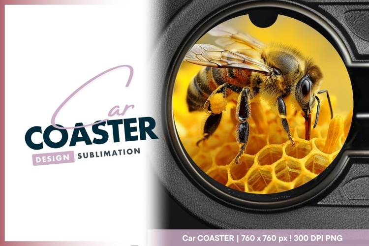 Honeybee on honeycomb close up in Round Car Coaster Png
