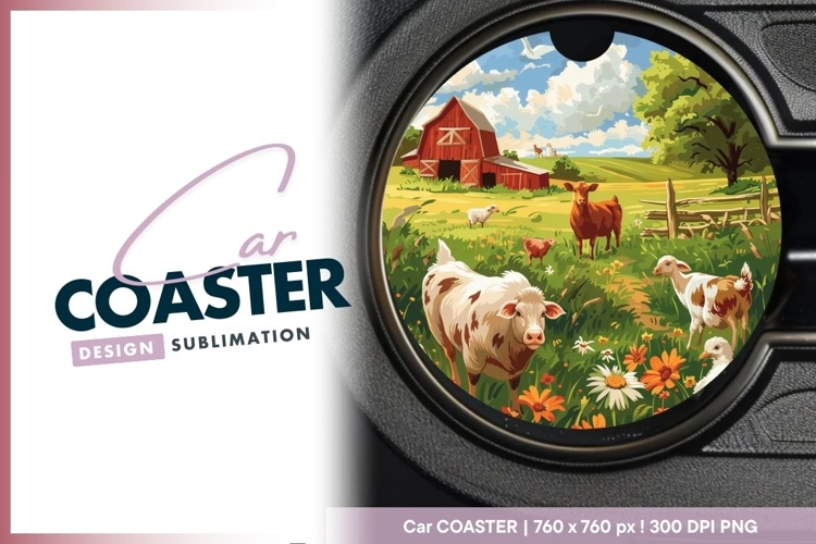 Farm Scene Illustration with Barn Cows Round Car Coaster Png