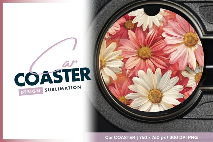 Daisy Flowers in Red Pink and Round Car Coaster Png