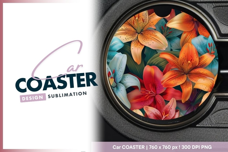 Colorful Lily Flowers in a Round Car Coaster Png