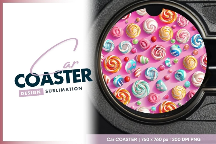 Colorful Candy Assortment on Pink Round Car Coaster