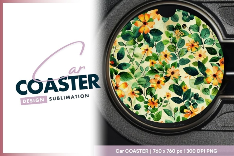 Floral Pattern with Orange Flowers and Round Car Coaster Png