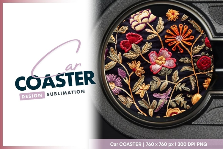 Embroidered Floral Design on Black Fabric Round Car Coaster