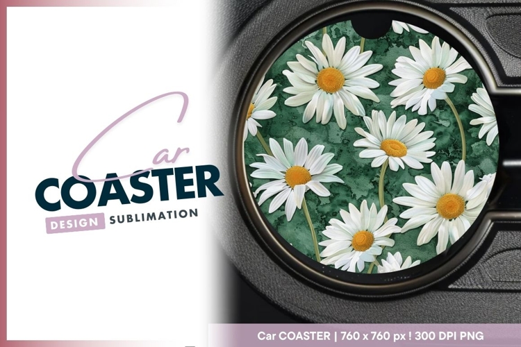 White Daisies on Green Textured Round Car Coaster Png