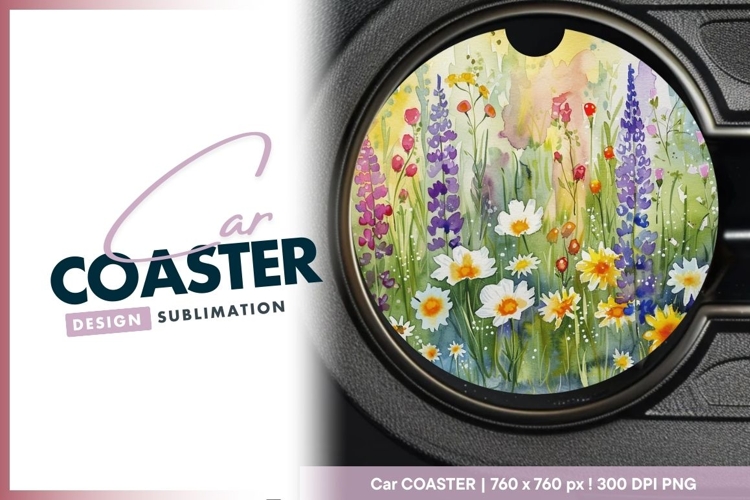 Watercolor Field of Wildflowers in a Round Car Coaster