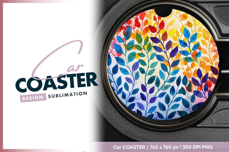Watercolor Leaves in Rainbow Colors on Round Car Coaster Png