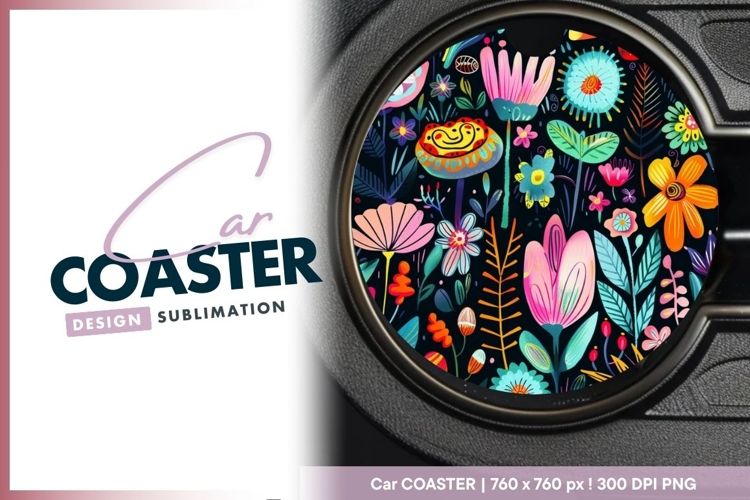 Colorful Floral Illustration in a Circle Round Car Coaster