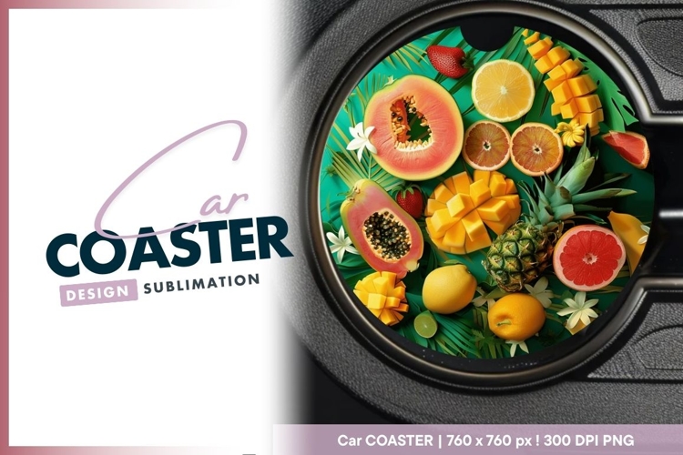 Tropical Fruit Arrangement on Green Leaf Round Car Coaster