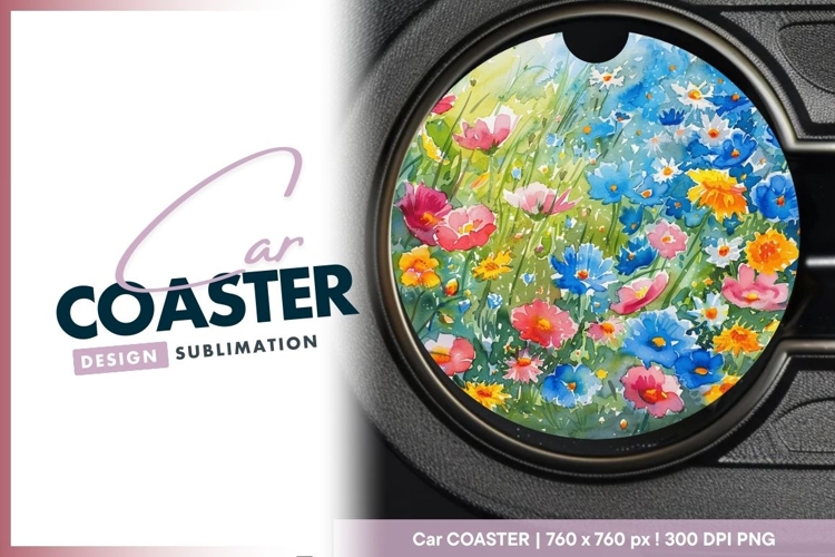 Watercolor Floral Field in Round Car Coaster Design