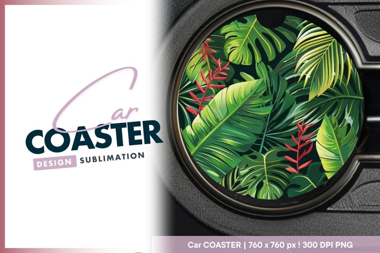 Tropical Leafy Greenery and Red Flowers Round Car Coaster