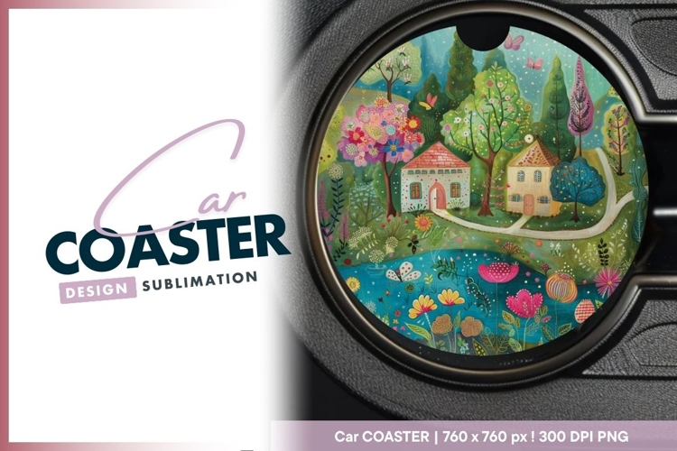 Whimsical Round Illustration of Colorful Round Car Coaster