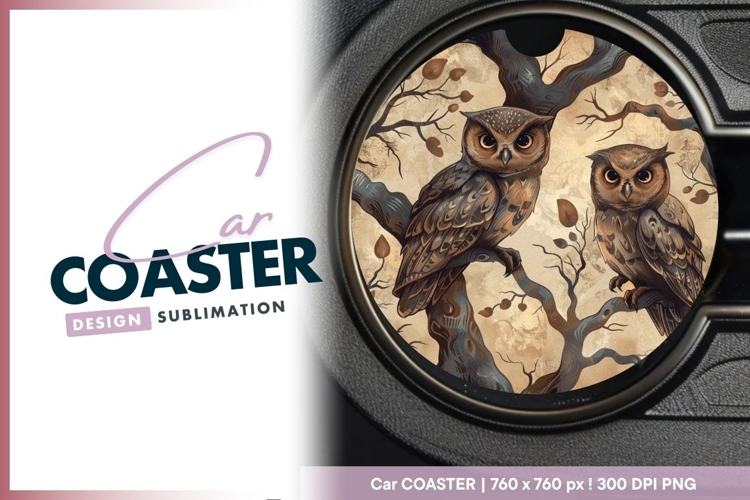 Two Owls Perched on Tree Branches Inside a Round Car Coaster