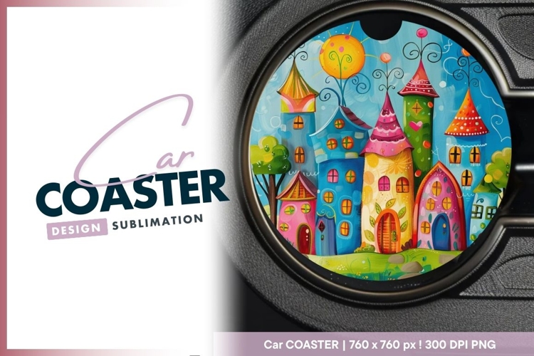 Whimsical Garden Scene with Stone Path Round Car Coaster Png