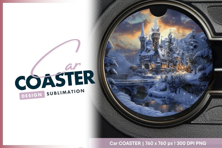 Winter Castle Scene with Snow Covered Round Car Coaster Png