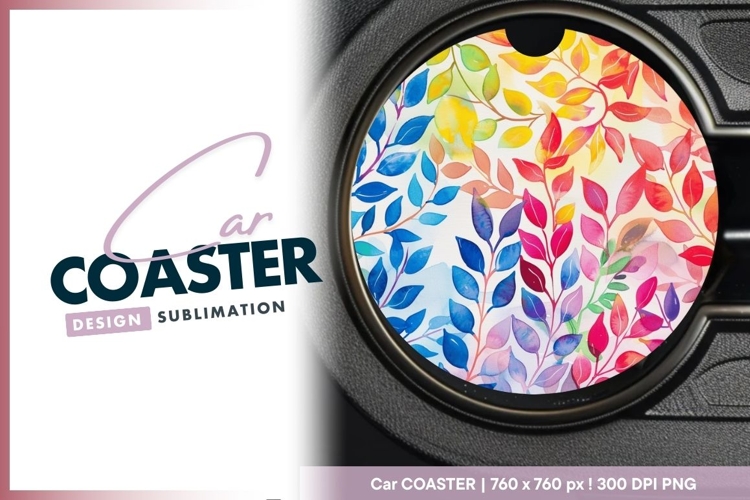 Watercolor Leafy Branches in Rainbow Round Car Coaster Png