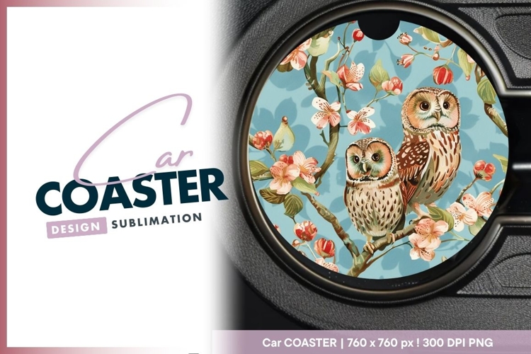 Two Owls Perched on a Branch with Pink Round Car Coaster Png
