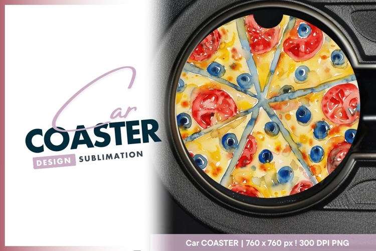 Watercolor Pizza Slice Illustration with Round Car Coaster