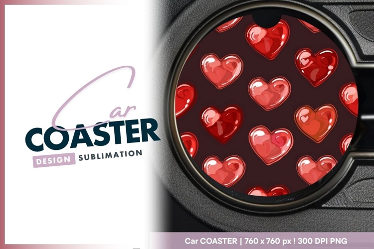 Red Glossy Heart Pattern on Dark Round Car Coaster Png