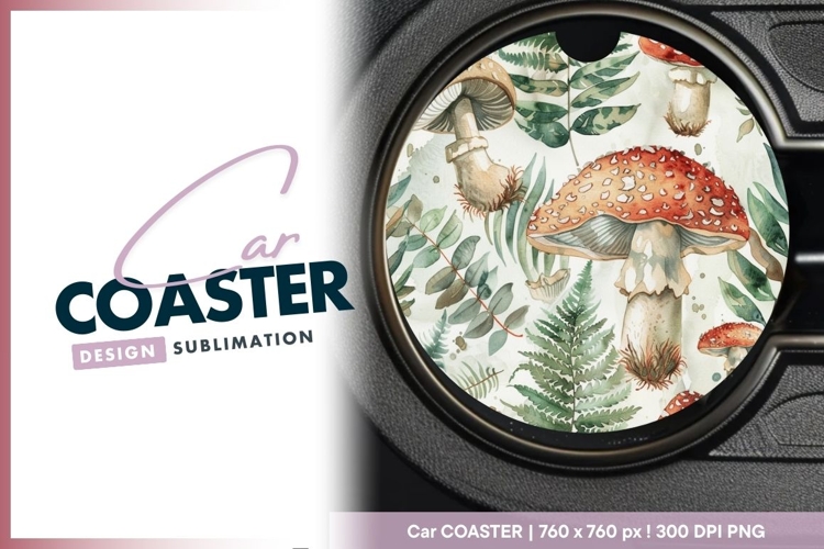 Watercolor Mushroom Illustration with Round Car Coaster