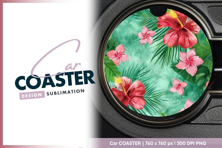 Tropical Hibiscus Flowers and Round Car Coaster Png
