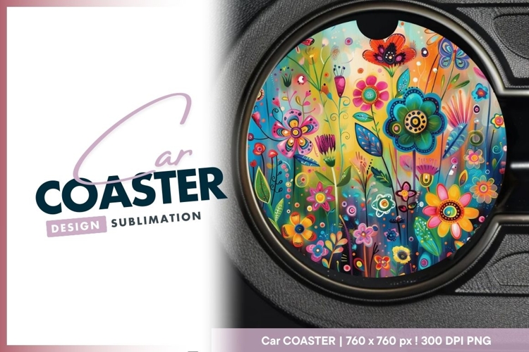 Colorful floral illustration in a Round Car Coaster Design