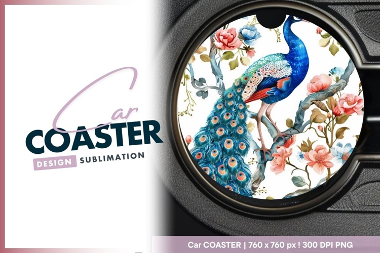 Watercolor Peacock on Branch with Flowers Round Car Coaster