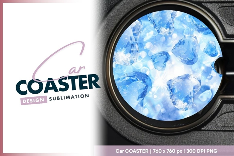 Icy blue diamond hearts sparkle on round car coaster png example image 1