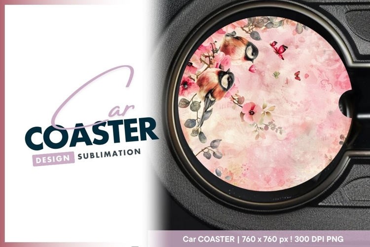 Birds with pink floral accents on round car coaster