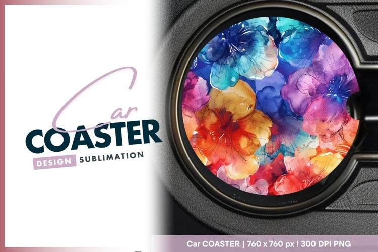 Abstract colorful watercolor floral design round car coaster example image 1