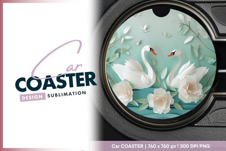 Paper Swans and Flowers on a Teal Round Car Coaster example image 1