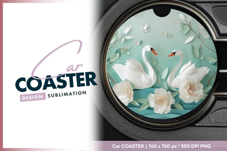 Paper Swans and Flowers on a Teal Round Car Coaster