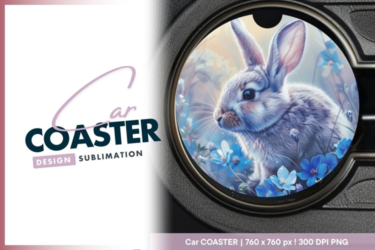 Rabbit with Blue Flowers and Soft Round Car Coaster Png