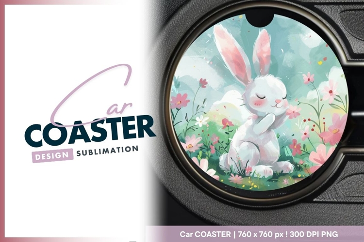 Watercolor Illustration of a White Bunny Round Car Coaster