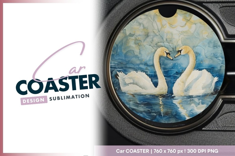 Watercolor Painting of Two Swans Forming Round Car Coaster