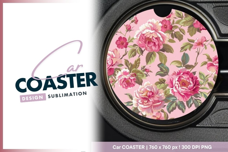 Pink Floral Round Car Coaster Png example image 1
