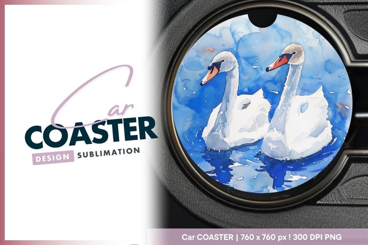 Watercolor Illustration of Two White Swans Round Car Coaster example image 1