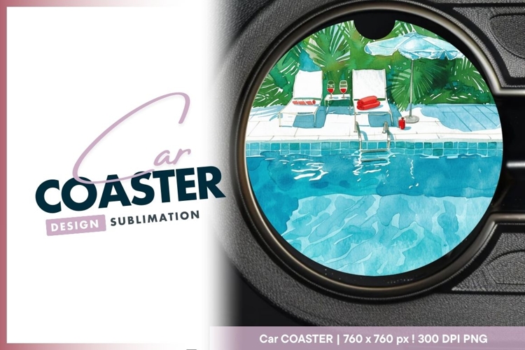 Watercolor Pool Scene with Lounge Chairs Round Car Coaster