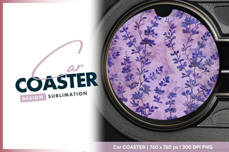 Purple Floral Design on Round Car Coaster Png example image 1