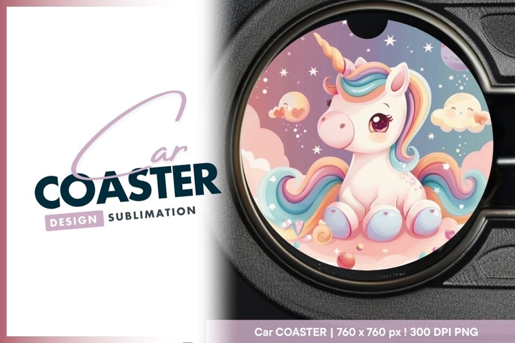 Adorable Cartoon Unicorn Sitting on Clouds Round Car Coaster example image 1