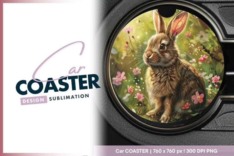 Brown Rabbit in a Floral Meadow Round Car Coaster example image 1