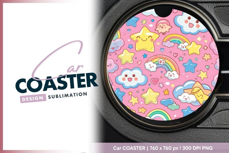 Cartoon Clouds Stars Rainbows and Round Car Coaster Png