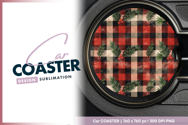 Festive plaid pattern with evergreen and berries car coaster